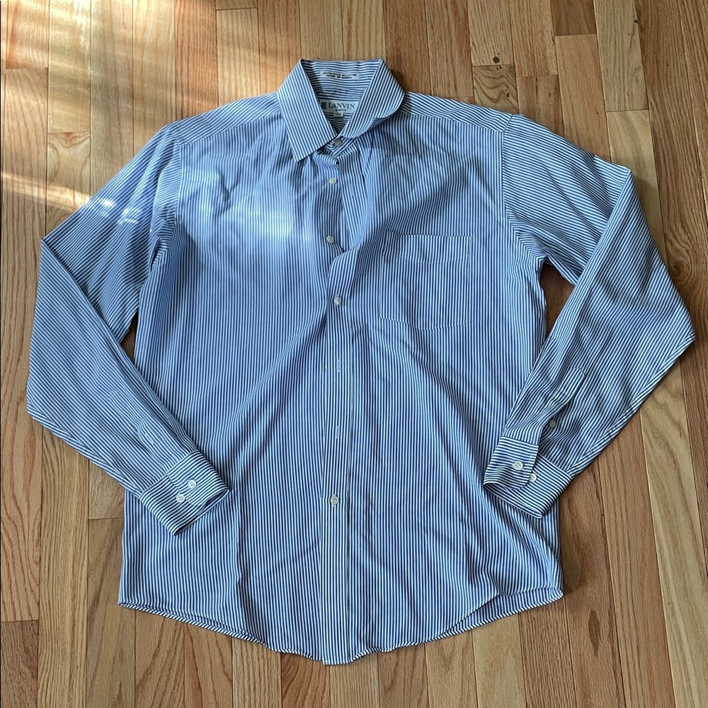 Lanvin Paris Button Up Shirt Mens Neck: 15 Blue White Stripes Long Sleeve Cotton